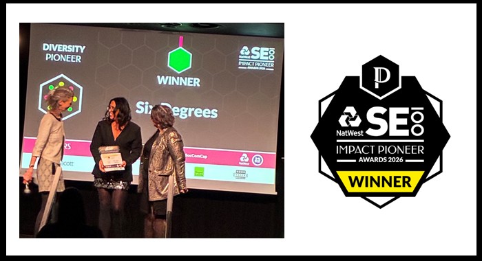 NatWest Social Enterprise Impact Pioneer winner logo. A photo with Kelly Hylton – Six Degrees, Managing Director (Middle) Devi Clark – Judge for the diversity category (Right)